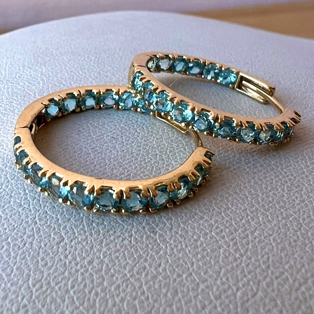 14K YELLOW GOLD BLUE TOPAZ IN AND OUT HOOP HOOPS EARRINGS STONES ON BOTH SIDES
